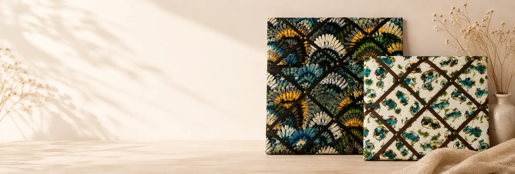 Fabric memory boards in peacock-feather and vintage-car prints, crossed with ribbon and brass tacks
